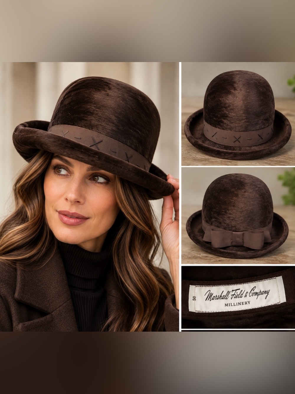 Vintage Marshall Field & Co Millinery Brown Italian Soler Fur-Finish Felt Hat